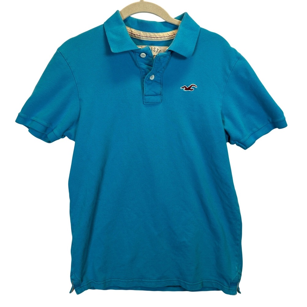 Hollister Y2K Mens Short Sleeve Polo Shirt Blue Seagull Logo Size M Pique Cotton